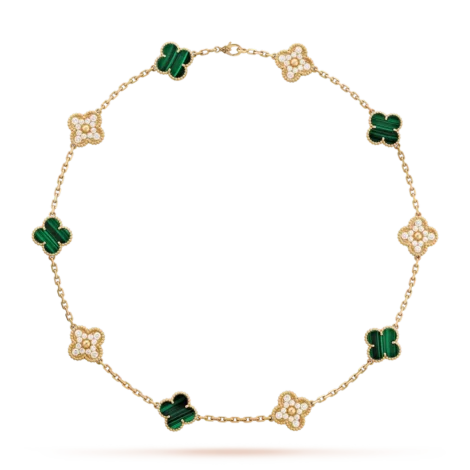 Vintage Alhambra Necklace, 10 Motifs (Yellow gold, Diamond, Malachite)